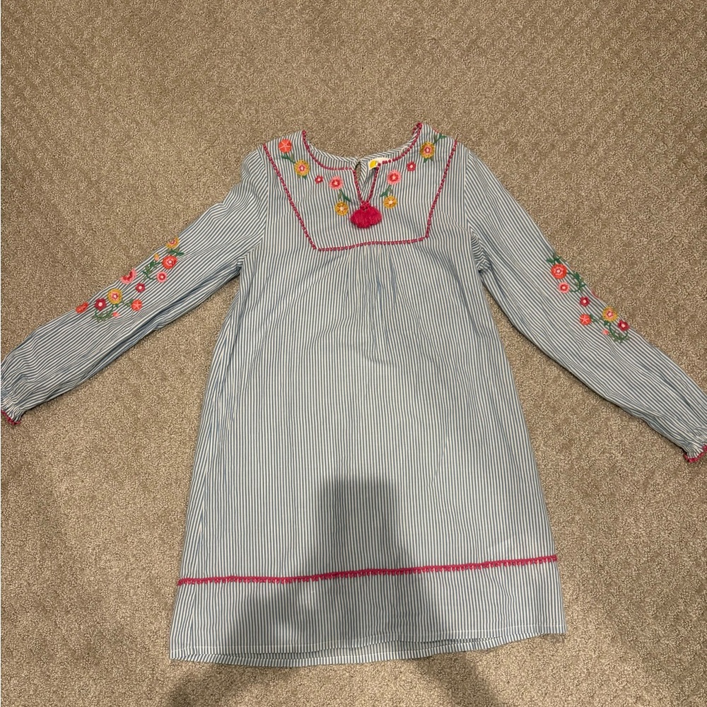 Mini Boden Blue Striped Dress with Pink Floral Embroidery
